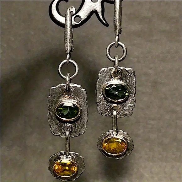 Silver Citrine Peridot Dangle Vintage Boho Earrings - Picture 3 of 5